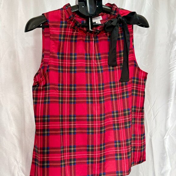 J.Crew | Red Tartan Plaid Bow-Neck Sleeveless Top | Size M - Picture 3 of 6